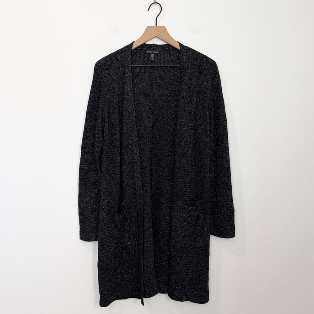 Eileen Fisher Long Black Metallic Cardigan Sweater Merino Wool Pockets Medium